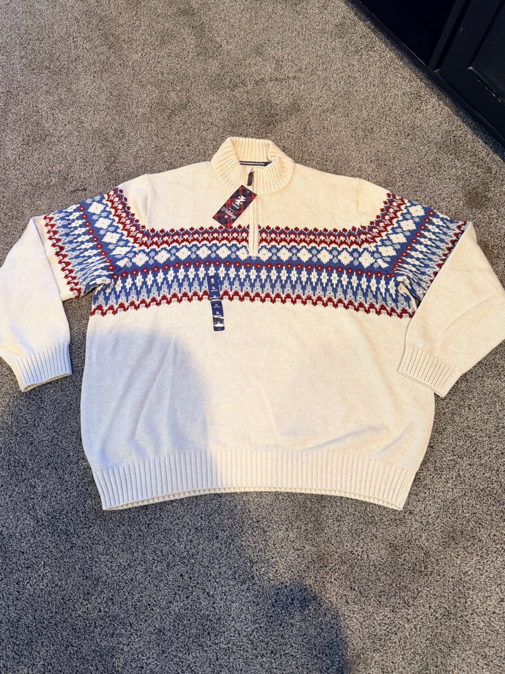 Izod Cream Zip-Up Sweater with Blue and Red Fair Isle Yoke